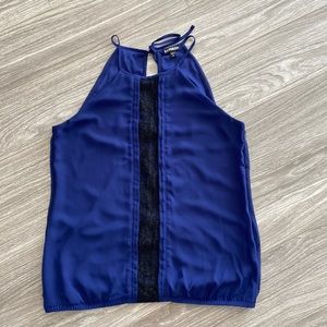Blue tank top with black lace detail